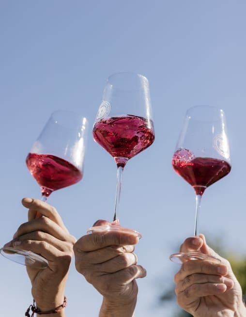 Tres copas de vino tinto alzadas al aire libre