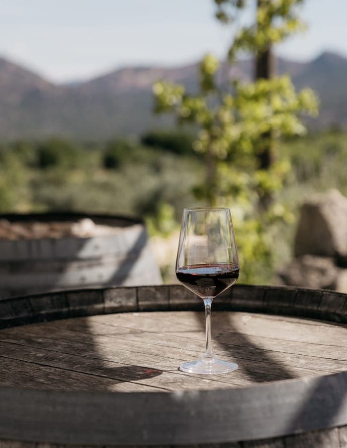 Copa de vino tinto sobre un barril con viñedos de Madrid