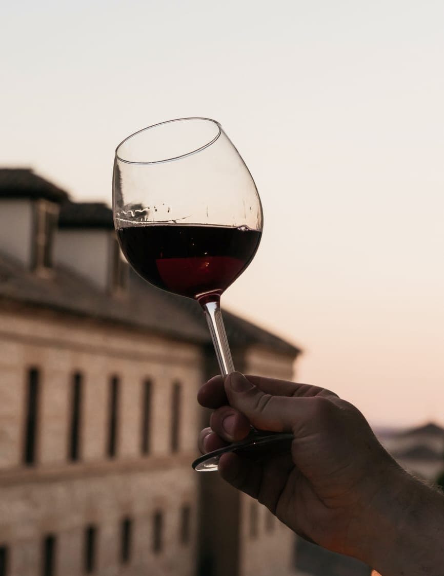Wine glass raised against a village skyline at sunset