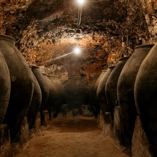 Tinajas de barro en la bodega subterránea de Bodegas Peral - Madrid Wine Country