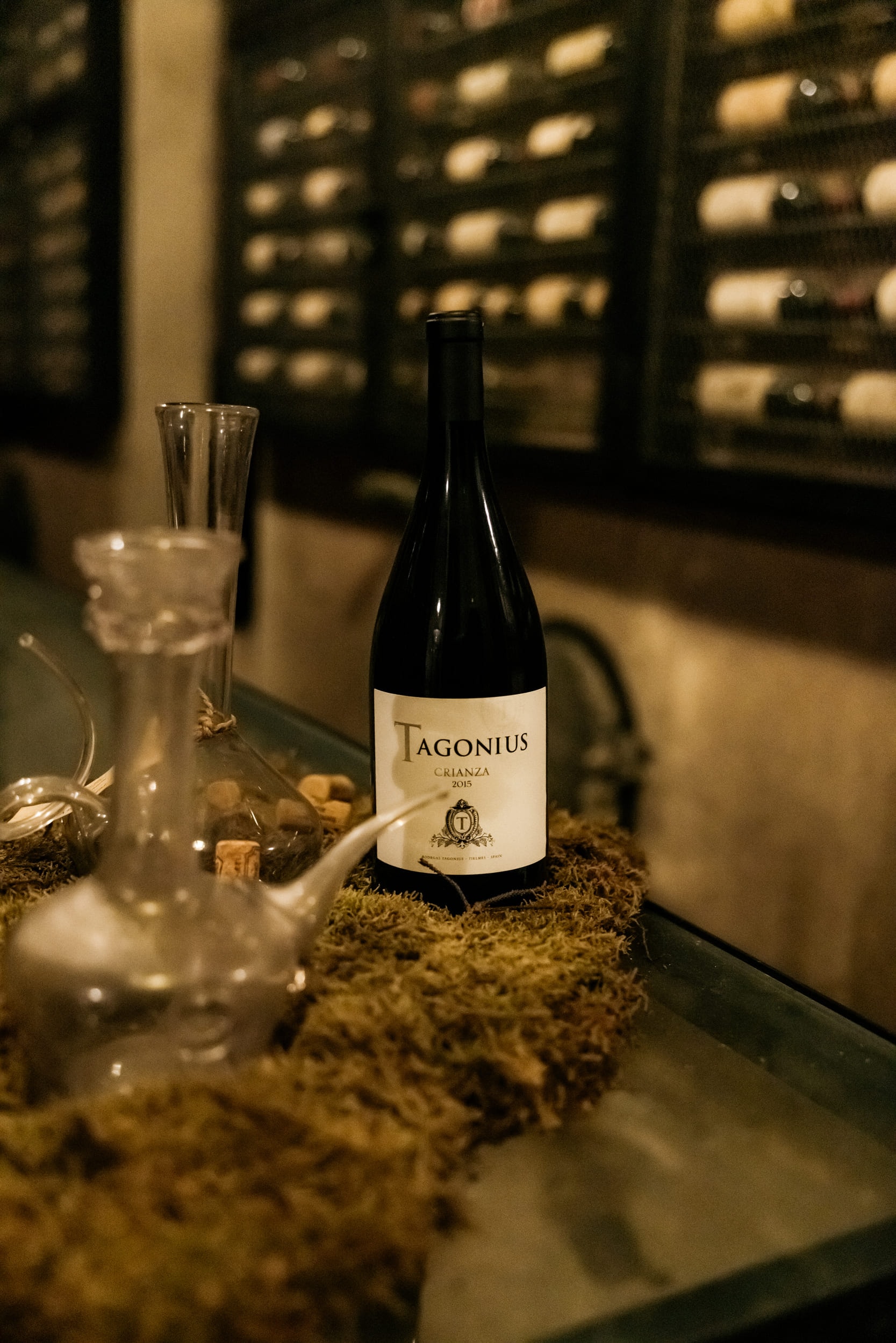 Bottle of Tagonius Crianza 2015, wine bar with cellar bottles